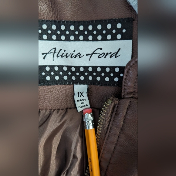 Alicia Ford Brown faux leather Moto  jacket with grey‎ Hoodie Size 1X Women - Picture 4 of 8